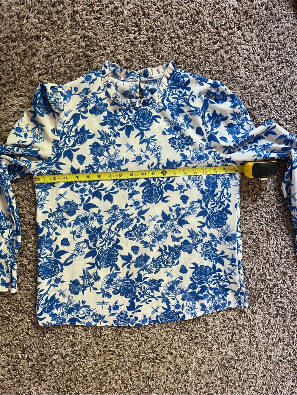 SHEIN Blue White Floral Ruffle Neck Long Sleeve Blouse Top Size 6 M - Picture 3 of 5